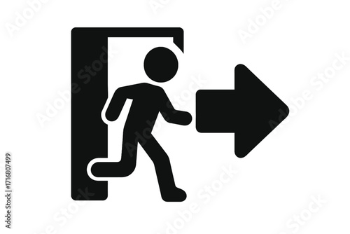 Emergency exit symbol. Man running icon. Safety escape route pictogram. Arrow direction sign. Way out concept for fire evacuation or public information. Vector isolated.