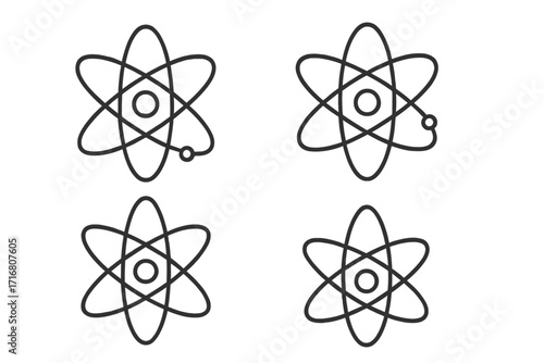 Atom icon set for science. Physics and chemistry research concept. Thin line vector illustration of nuclear energy, molecule, particle, and electron orbit. Editable stroke symbol.