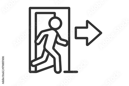 Exit sign icon. Emergency exit door symbol. Man running to doorway. Safety evacuation pictogram. Arrow direction sign. Way out, escape route. Public information sign. Vector line illustration.