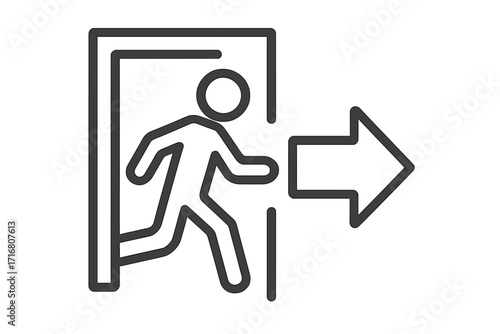 Emergency exit symbol, fire escape icon. Man running to a door with an arrow. Concept of evacuation, way out, logout, or quitting. Safety and warning vector sign illustration.