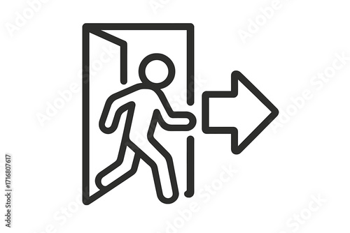 Emergency exit line icon. Running man and arrow symbol. Concept of evacuation, safety, and way out. Person leaving building through door. Escape route pictogram vector.