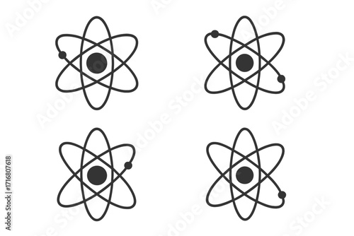 Atom icon set, atomic energy and nuclear physics science symbol. Vector illustration of molecule, particle, and electron orbit. Chemistry and scientific research concept logo.
