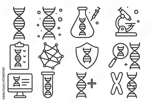 DNA and genetics research line icon set. Gene engineering, biotechnology, and science concepts. Medical laboratory symbols like chromosome, helix, microscope, and test tube.