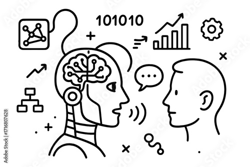 Artificial intelligence robot learning to communicate. Robotic head processing big data, talking to human. Machine learning, neural network, AI chatbot interaction concept vector.