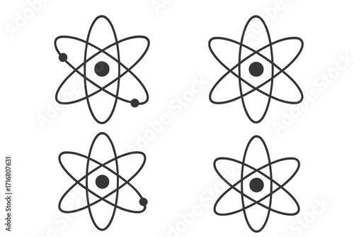 Atom icon set. Science symbol collection. Physics, chemistry, nuclear energy concept. Simple line art logo of atomic particle, molecule, nucleus, electron orbit. Vector.