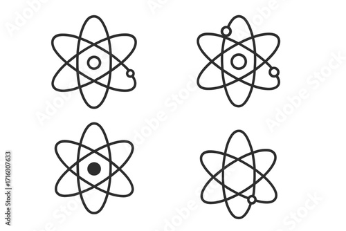 Atom icon set science symbol. Physics, chemistry, molecule, nuclear energy research concept. Simple line art vector. Electron orbit, particle, nucleus pictogram collection.