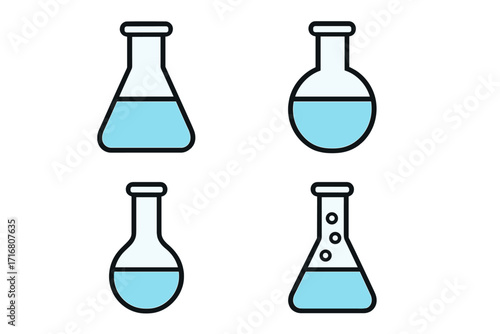 Set of Filled Light Blue Laboratory Flask Icons, Minimalistic Linear Science Pictograms for Web, Graphic Design, Apps, Banners, Social Media, and Educational Cards Vector