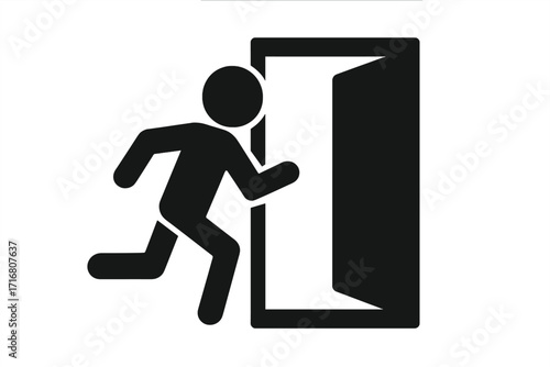 Emergency exit symbol vector icon. Man running to open door. Evacuation sign for safety and warning. Person escape concept illustration. Pictogram for public places.