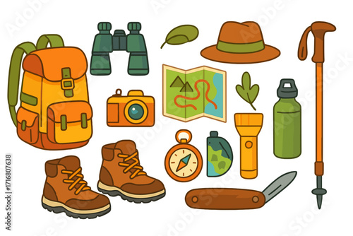Essential outdoor gear set for hiking, trekking, and camping adventures. Vector cartoon illustration of travel equipment: backpack, map, compass, boots, and binoculars.