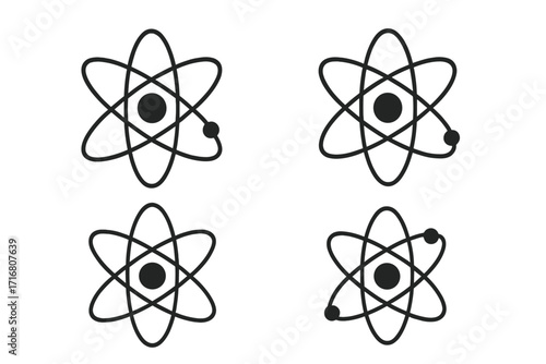 Atom icon set. Science symbol collection. Physics and chemistry concept. Vector illustration of particle, molecule, electron orbit, nucleus for scientific research & education.