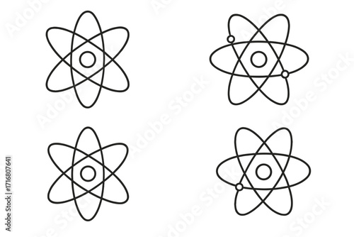 Atom icon set science symbol collection. Physics, chemistry, nuclear energy outline pictogram. Molecule, particle, electron orbit thin line vector for web, apps. Editable stroke.