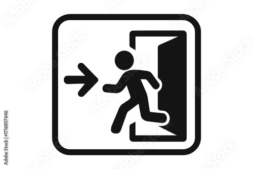 Emergency exit sign with running man icon. Black silhouette vector for escape route and safety direction. Evacuation symbol for way out. Fire escape warning pictogram.