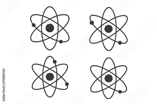 Atom science icon set. Physics, chemistry, nuclear energy concept. Electron orbit and nucleus particle model. Simple line art symbol. Editable stroke vector illustration.