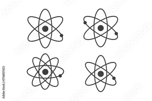 Atom icon set. Science symbol collection. Physics, chemistry vector illustration. Nuclear energy, particle orbit concept. Thin line design for web, apps. Editable stroke.