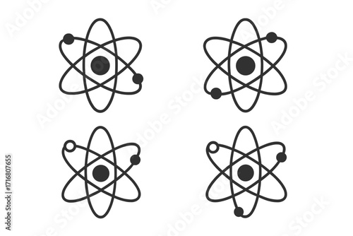 Atom icon set, simple line art collection. Science, physics, chemistry symbol. Nuclear energy, quantum mechanics concept. Electron orbit, nucleus, molecule pictogram design.