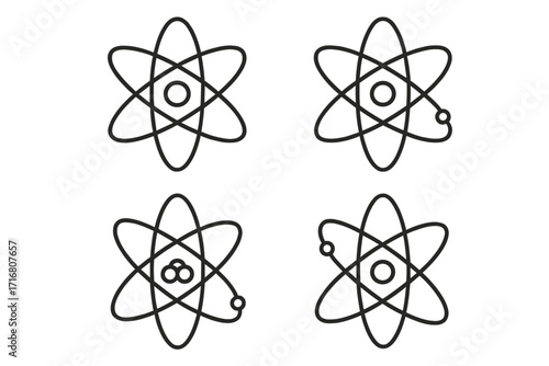 Atom line icon set. Science, physics, chemistry concept. Vector illustration of nucleus, electron orbit, and particle. Nuclear energy and technology symbol collection.