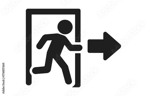 Exit symbol vector icon. Emergency fire exit sign with running figure. Evacuation route pictogram. Man running to a door. Safety, warning, and escape concept illustration.