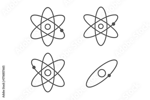 Atom icon set. Science, physics, chemistry symbols. Nucleus, electron orbit, particle. Molecular energy, nuclear technology, scientific research vector concept illustration.