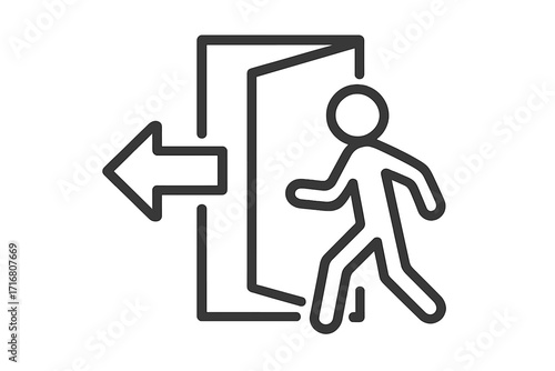 Exit sign vector icon. Man running to a door. Emergency exit symbol. Figure leaving through a doorway. Evacuation, safety, and warning concept. Public information sign. Way out.