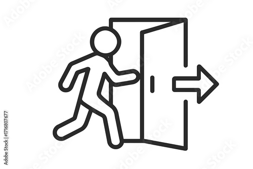 Exit icon symbol. Emergency escape and evacuation sign. Man running through open door. Way out concept. Person leaving. Arrow direction pictogram for safety and warning.
