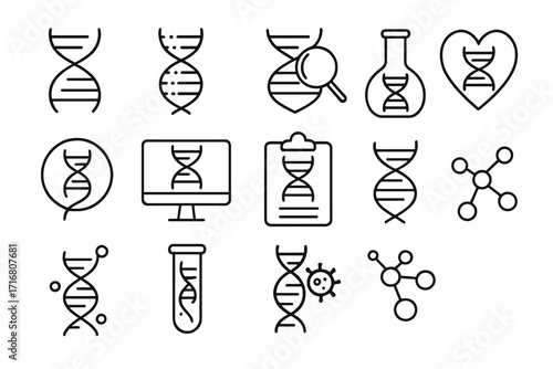 DNA line icon set. Genetics, science, and biology concepts. Gene, molecule, chromosome, and lab research symbols. Vector illustration for medical and technology design.