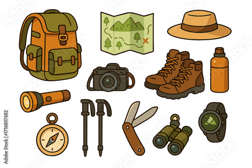 Hiking and camping equipment set for outdoor adventure and travel. Vector cartoon illustration of essential gear like backpack, map, boots, compass, and other items.
