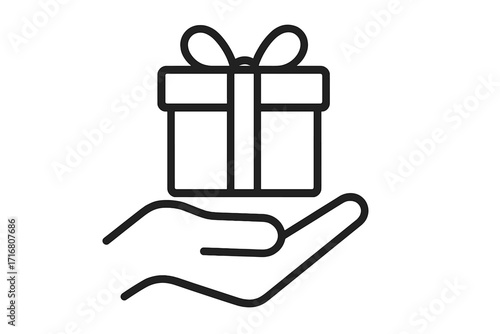 Giving hand holding gift box icon, present offering symbol, charity and donation concept, vector cartoon illustration for websites, apps, cards, and design projects