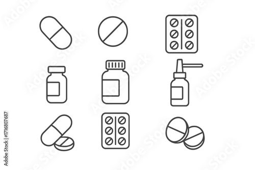 Collection of Pills and Medication Thin Line Icons, Editable Stroke, Vector Cartoon Illustration for Web, Apps, Books, Cards, Pharmacy, Healthcare, Medicine
