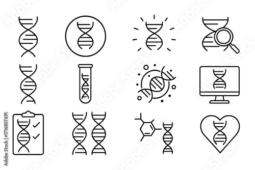 DNA thin line icon set. Genetics, biotechnology, and science symbols. Includes gene analysis, helix structure, lab test tube, and chromosome icons. Editable stroke vector.