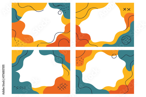 Set of abstract graphic frames with organic liquid shapes and hand drawn doodles. Modern vector templates for social media posts, stories, banners or invitations. Colorful boho art background.