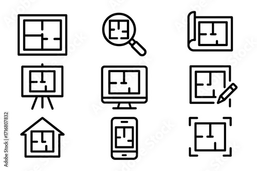Floor plan line icon set. Vector icons for architecture, real estate, blueprint design. Symbols for construction, engineering, house plan, search, mobile app, and UI.