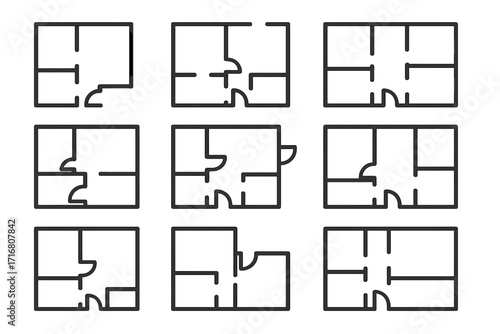 Floor plan icon set. Collection of house and apartment layout schematics. Thin line vector graphics for architecture, real estate blueprint design. Minimalist home project icons.