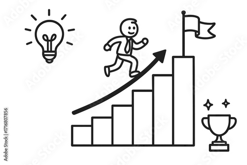 Career ladder and business growth concept. Businessman running up bar chart to goal. Metaphor for success, achievement, big idea, development, and reaching target with strategy.