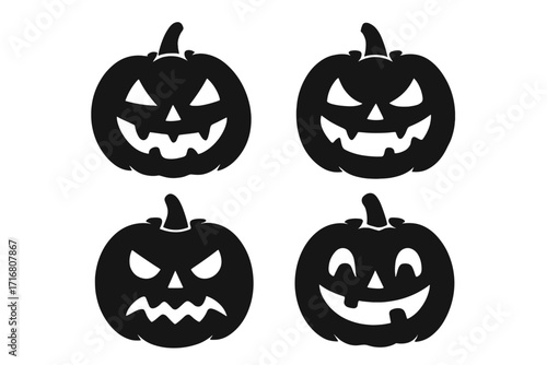 Set of black Halloween pumpkin silhouettes. Jack o lantern face icons with various emotions. Spooky, scary, happy, angry expressions. Vector graphic for holiday design.