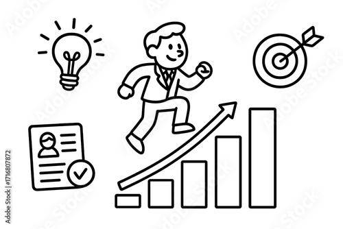 Business success doodle icon set. Cartoon man runs up career growth chart. Big idea lightbulb, target goal, approved resume. Achievement, development vector concepts.