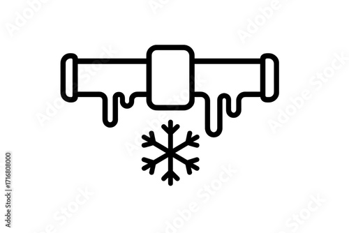 Frozen pipe icon. Outline linear sign of cold water pipeline with ice and snowflake. Plumbing problem concept. Winter hazard, bursting pipe risk vector illustration.