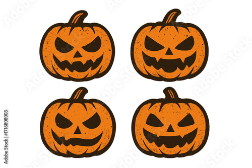 Grunge Halloween pumpkin icon set. Spooky jack-o-lantern faces with scary expressions. Vintage, distressed vector cartoon illustration collection. Isolated horror symbols.
