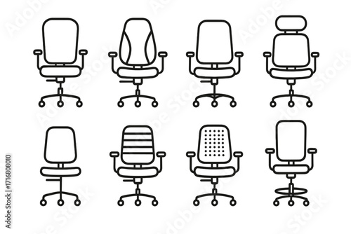 Office chair line icon collection. Simple isolated vector illustration set. Workplace furniture symbol pack. Editable stroke for web, apps, ux, ui design. Swivel seat pictogram.