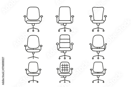Office chair thin line icon set. Collection of various modern ergonomic seats for business workplace furniture. Vector symbols with editable stroke for web and graphic design.