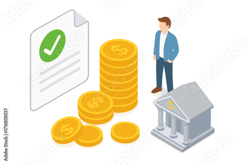 Financial success concept with approved loan document. Isometric vector of man, bank, and money coins. Metaphor for investment, savings, wealth management, and mortgage.