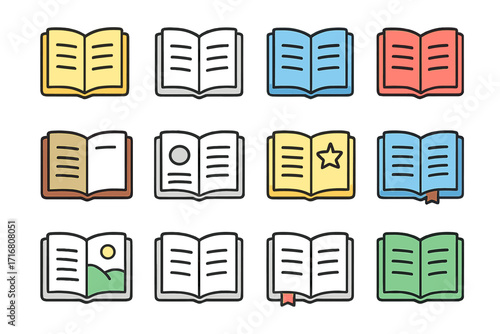 Set of colorful filled open book icons, minimalistic linear style pictograms for web design, apps, banners, social media, cards, vector cartoon illustrations with varied pages and bookmarks