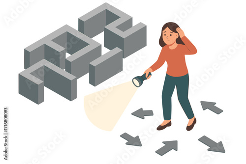 404 error page not found concept. Woman with flashlight lost in a maze looking for a way out. Website problem, link not working. Isometric vector illustration for web design.