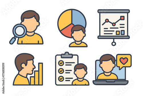 Business analysis icons set. User data research, marketing statistics, presentation chart. Vector customer profile, feedback survey, and growth report illustration concept.