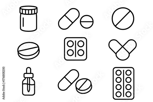 Pills and medication thin line icon set. Pharmacy and healthcare concept. Vector symbols of drugs, tablets, capsules, vitamins for web and apps. Editable stroke pictogram.