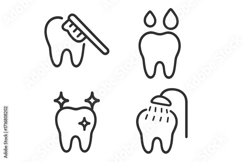 Minimalistic linear tooth care pictogram set with toothbrush, water drops, clean tooth sparkle, and dental shower icons for web, apps, banners, and social media design vector