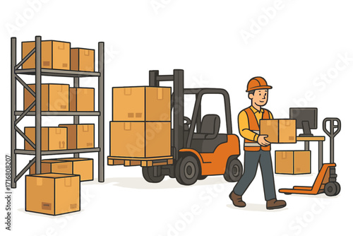 Warehouse logistics and distribution concept. Male worker carrying cardboard box for shipping. Man managing inventory with forklift and pallet jack. Supply chain and order fulfillment.