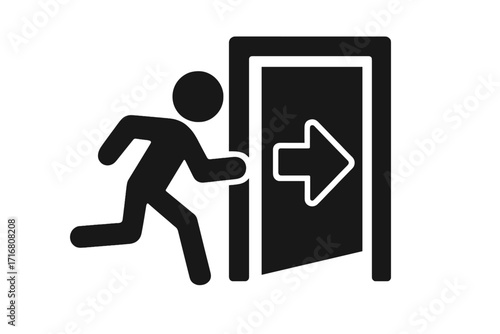 Emergency exit symbol. Man running to a door icon. Evacuation and escape sign. Safety and warning pictogram. Person leaving a room. Logout and way out concept vector.