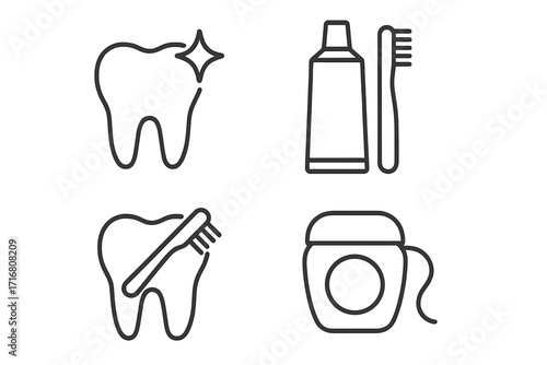 Minimalistic Tooth Cleaning and Dental Hygiene Icon Set, Toothbrush, Toothpaste, Dental Floss, Clean Sparkling Tooth, Oral Care Vector Illustration for Web, Apps, Banners, Social Media, Cards