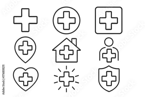 Medical cross icon set. Thin line hospital, clinic, and pharmacy symbols. Health care, first aid, emergency, and insurance concepts. Vector icons for website and app design.