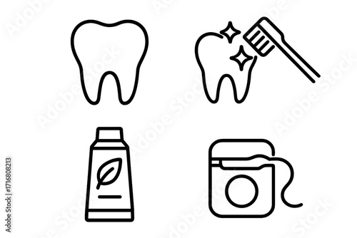 Minimalistic Tooth Cleaning and Oral Hygiene Icons, Dental Care Pictograms for Web Design, Apps, Banners, Social Networks, Natural Toothpaste, Dental Floss Vector Set
